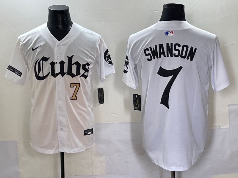 Men 2025 Chicago Cubs #7 Swanson White Five generations Joint Name Nike MLB Jersey style 3